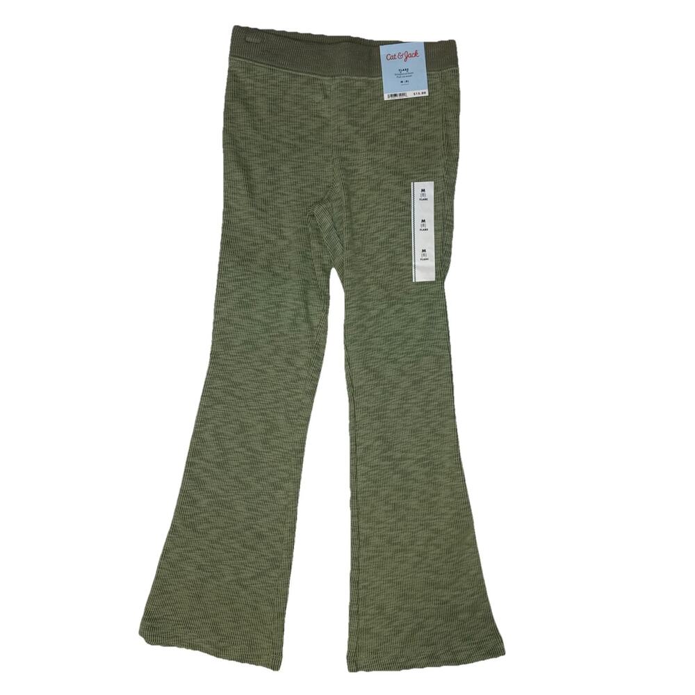Cat & Jack Girls Ribbed Flare Sweatpants Reinforced Knees Olv Green Sz M (8)